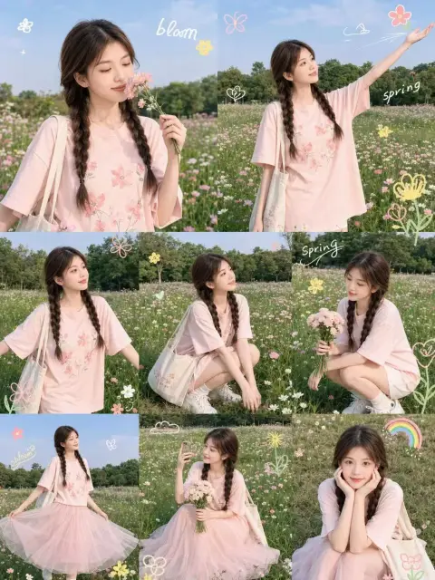 Korean style fresh spring flower field girl photo collage poster
