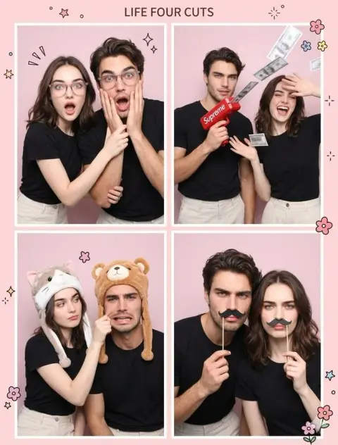 Korean style photo stickers for couples with funny four-square grid
