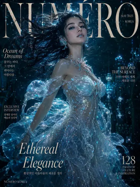 Korean woman in jellyfish dress on hyper-realistic fantasy magazine cover