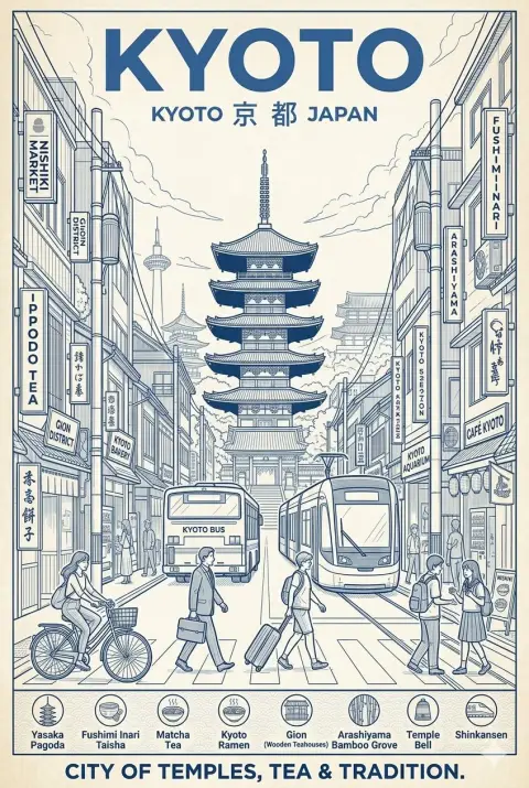 Kyoto blue and white architectural style travel poster