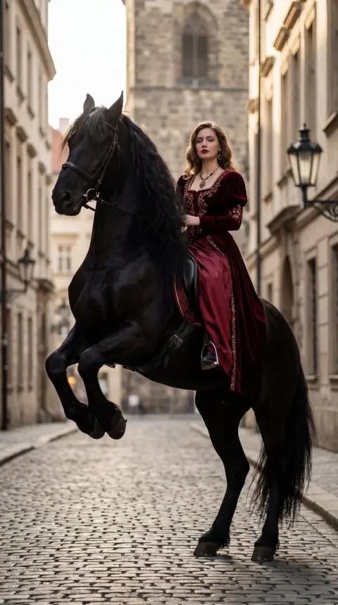 Lady in dark red costume riding horse on retro street