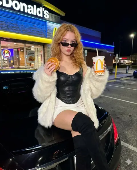 Late night McDonald's luxury car with fur girl movie-like blockbuster