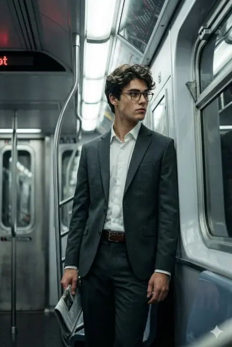 Late-night subway chronicle of a man in a minimalist suit