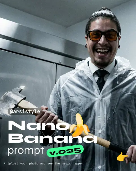 Laughing ax wielder in transparent raincoat