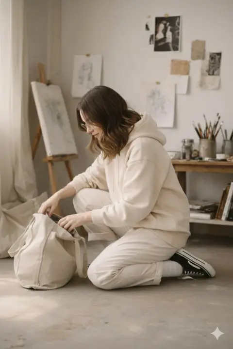 Lazy and casual art girl in the studio in the afternoon