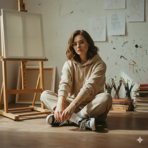 Lazy and casual literary girl in the studio in the afternoon