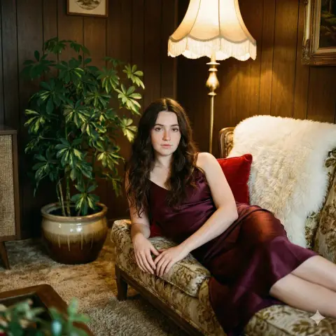 Lazy burgundy satin girl on retro sofa