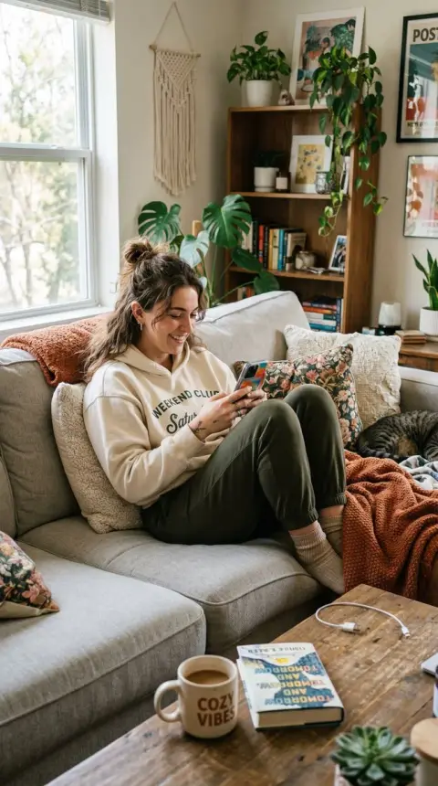 Lazy Gen Z girl on the sofa on Saturday