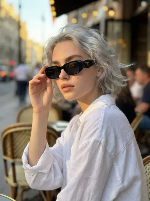 Lazy girl in golden hour European cafe