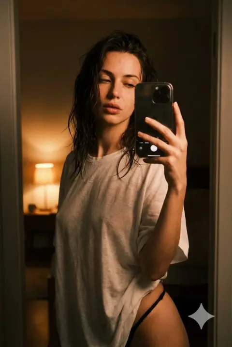 Lazy private selfie in warm light bedroom