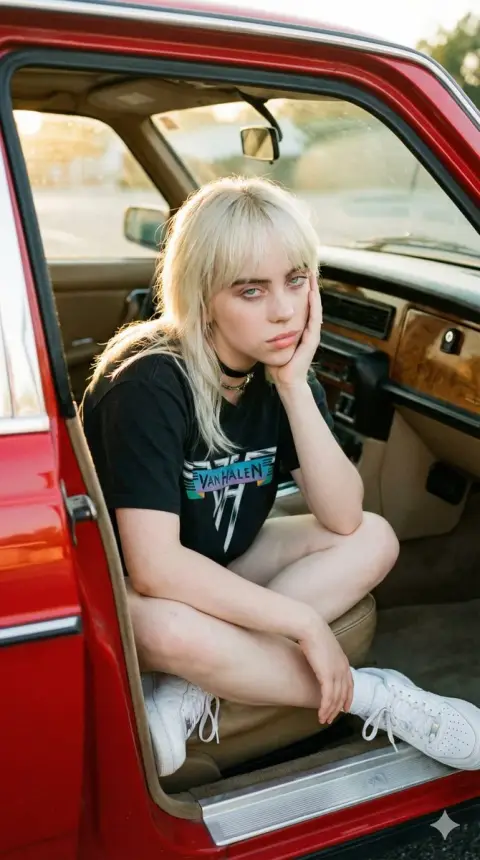 Lazy rock and roll girl in retro car door frame
