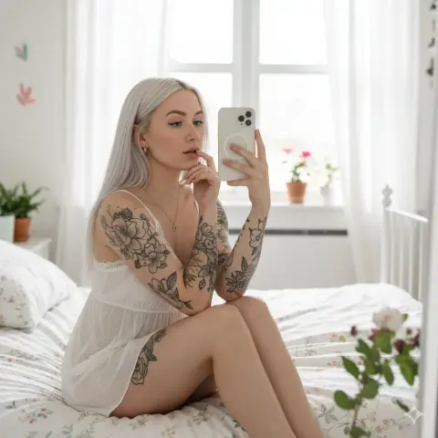 Lazy white-blond girl in front of the mirror in the morning light