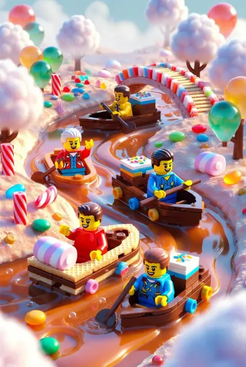 LEGO figures rafting down the chocolate caramel river