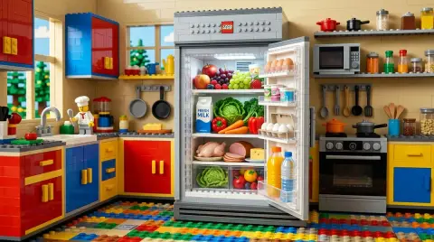 Legoland kitchen with real food refrigerator