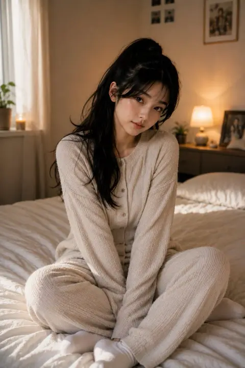 Lifestyle portrait of a gentle East Asian girl in the bedroom