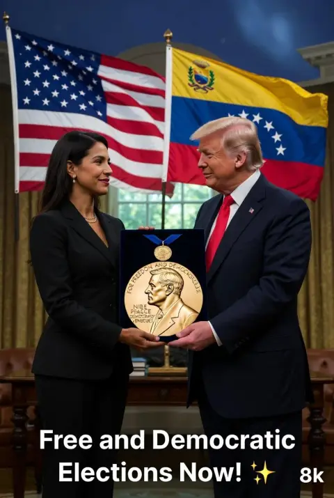 Light and shadow witness history: Machado presents Nobel Medal to Trump