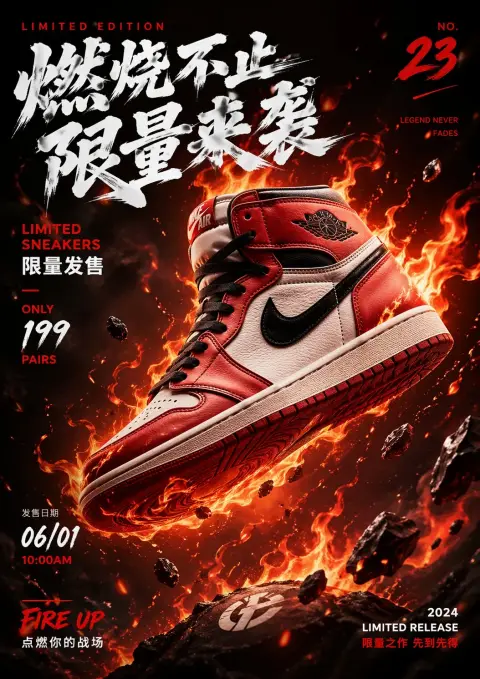 Limited sneaker release poster with suspended flame background