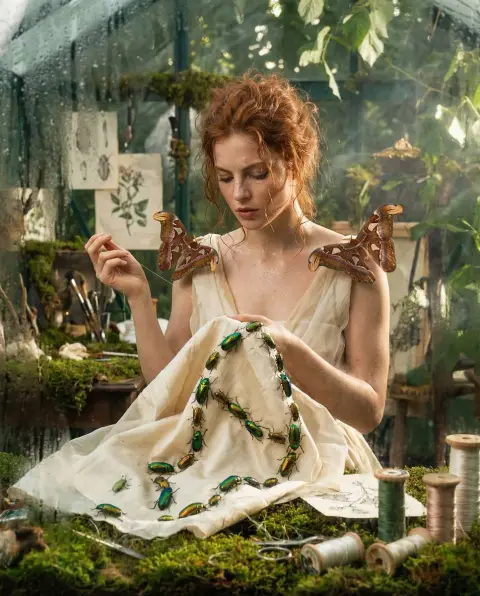 Live couture woven by moths and beetles in a Victorian greenhouse