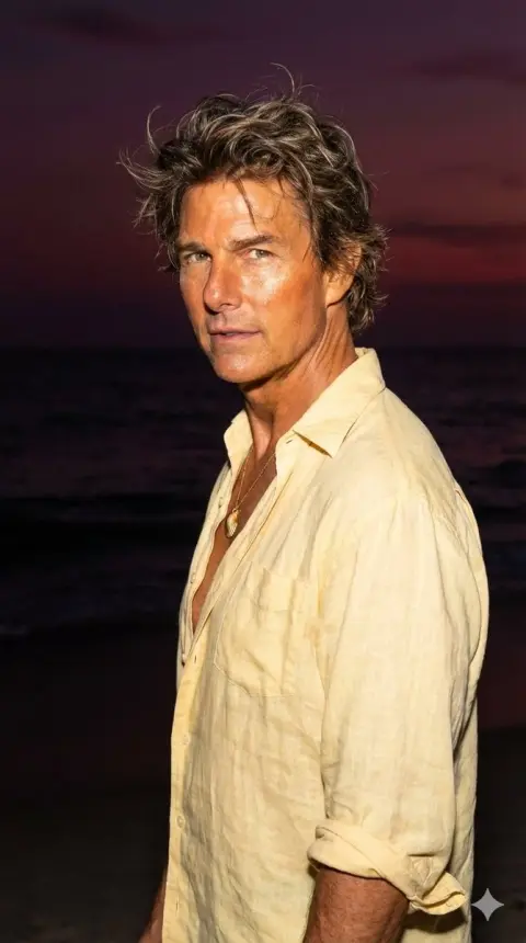 Looking back at the dim light under the flashlight on the beach at dusk