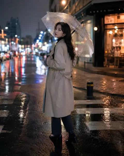 Looking back at the girl in beige trench coat on a rainy night in the city