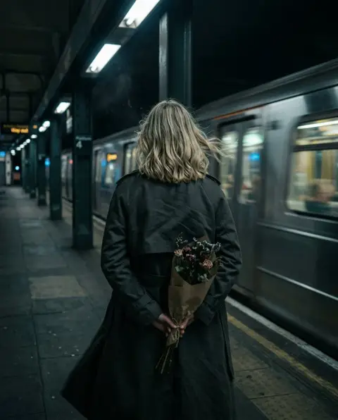 Looking back quietly at the bouquet in hand in the night wind