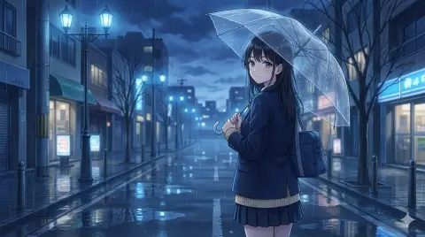 Looking back under the transparent umbrella on the street on a rainy night