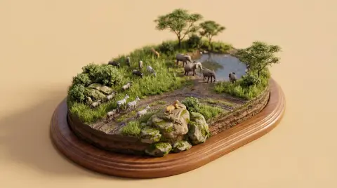 Looking down at the miniature wildlife ecological sand table