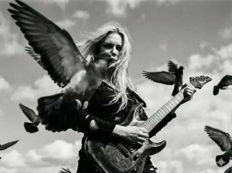 Looking down at the blonde girl playing the electric guitar among the flying pigeons