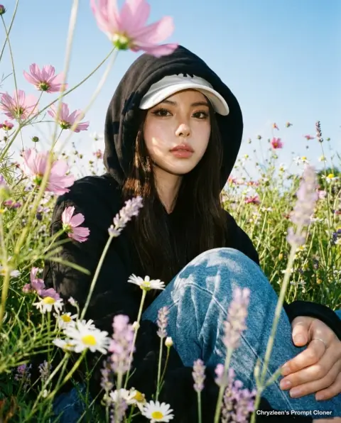 Looking up at a girl in a black hoodie among wild flowers
