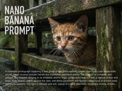 Lost kitten under mossy wooden eaves in the rain