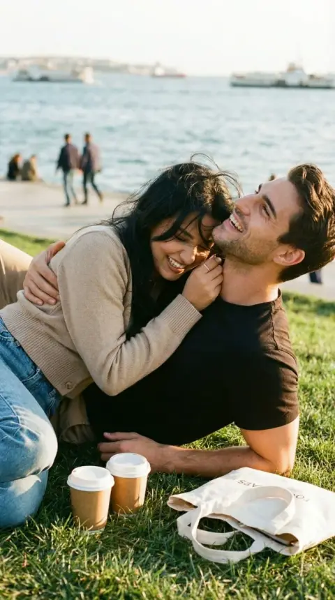 Lovers on the beach in Kadikoy laugh and embrace under the golden light
