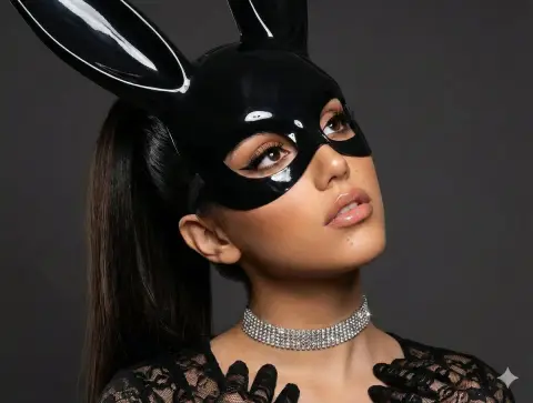 Luxurious and charming photoshoot with patent leather rabbit mask and sparkling crystals