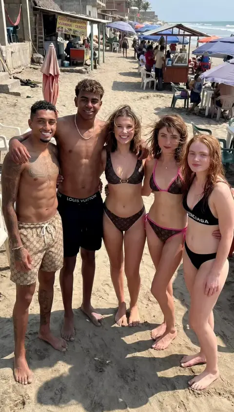 Luxurious and fashionable young people taking group photo on sunny tropical beach