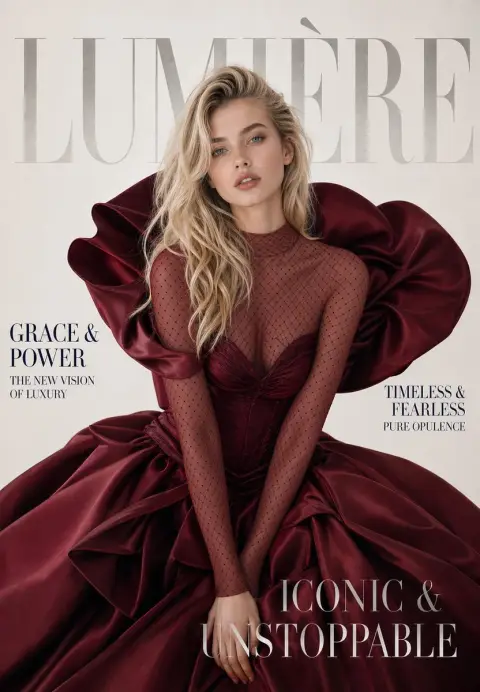 Luxurious burgundy haute couture dress magazine cover
