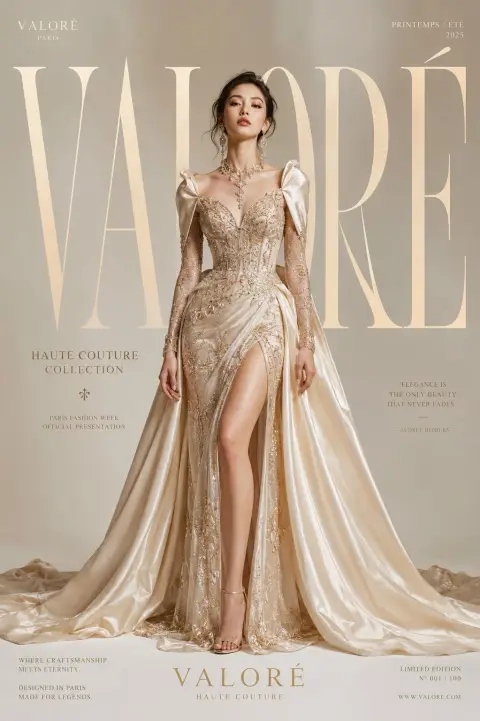 Luxurious champagne color haute couture dress fashion blockbuster