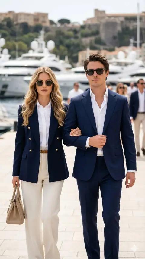 Luxurious couple’s fashion shoot at the old money-style yacht marina