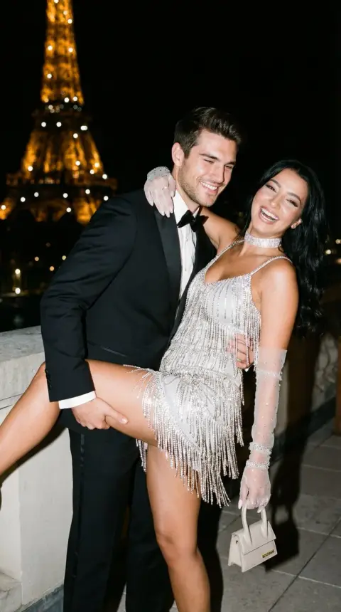 Luxurious couple’s flash photo shoot under the Eiffel Tower in Paris at night