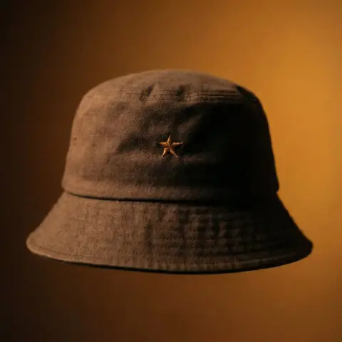 Luxurious embroidered bucket hat under amber light and shadow