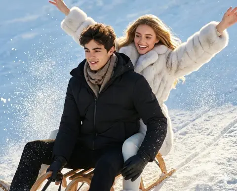 Luxurious fur couple slides in the snow at high speed, movie-level blockbuster