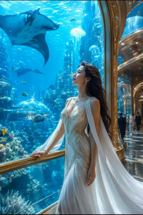 Luxurious futuristic aquatic city female portrait