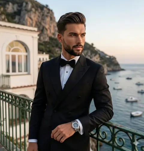 Luxurious gentleman under Mediterranean dusk