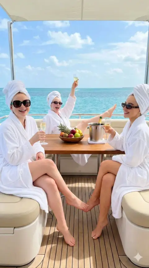 Luxurious Girlfriends Party at the Yacht Spa under the Blue Sea and Blue Sky