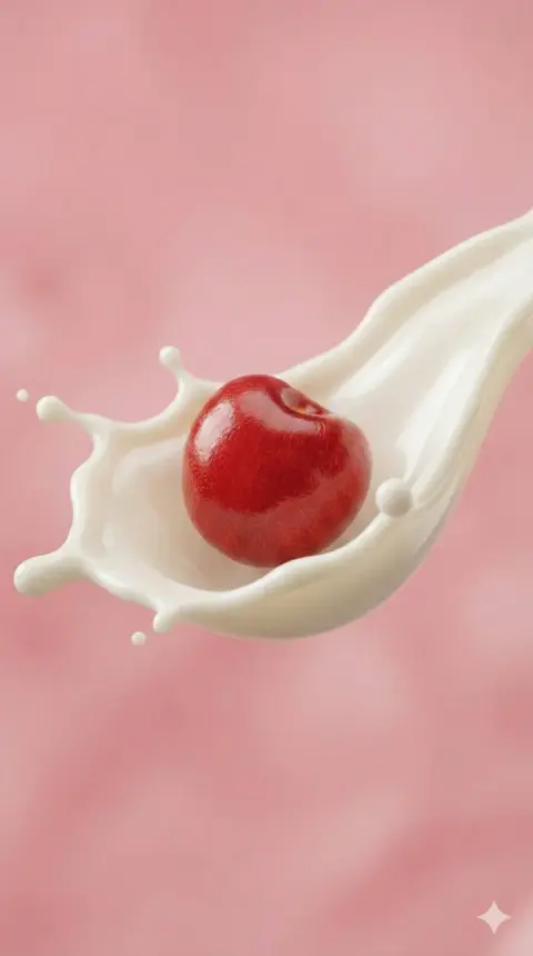 Luxurious Macro: Red Cherry on Suspended Milk Curtain