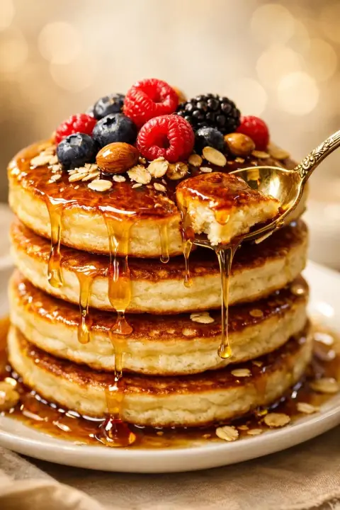 Luxurious maple syrup-glazed fluffy pancakes