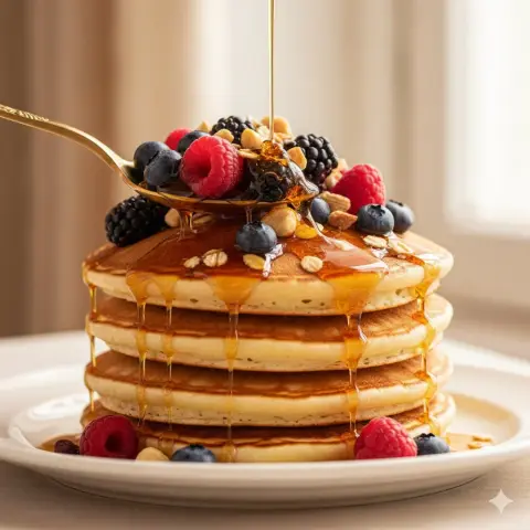 Luxurious maple syrup flowing over tempting pancakes in slow motion