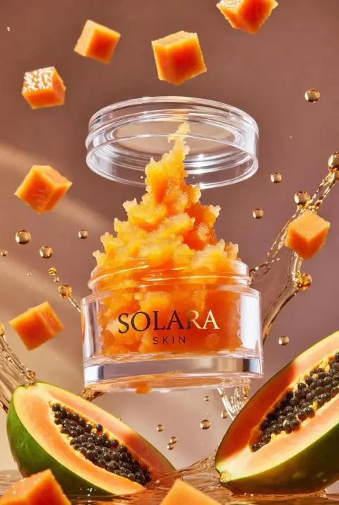 Luxurious papaya scrub suspended in mid-air