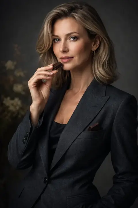 Luxurious portrait in gray suit and dark chocolate