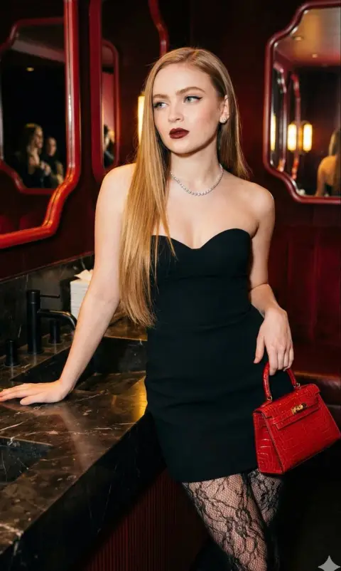 Luxurious socialite in black dress and red lips: high fashion under the flow of light and shadow