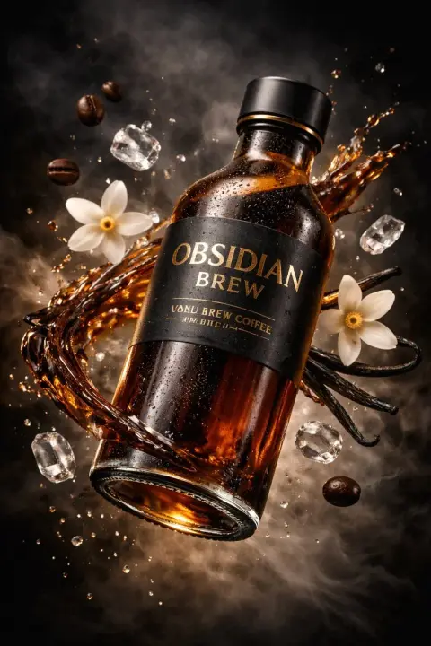 Luxurious stop-motion photography of suspended cold brew coffee bottles