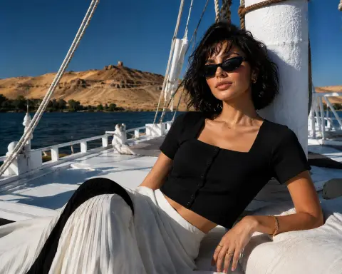 Luxurious vacation style fashion portrait on Nile river sailing boat